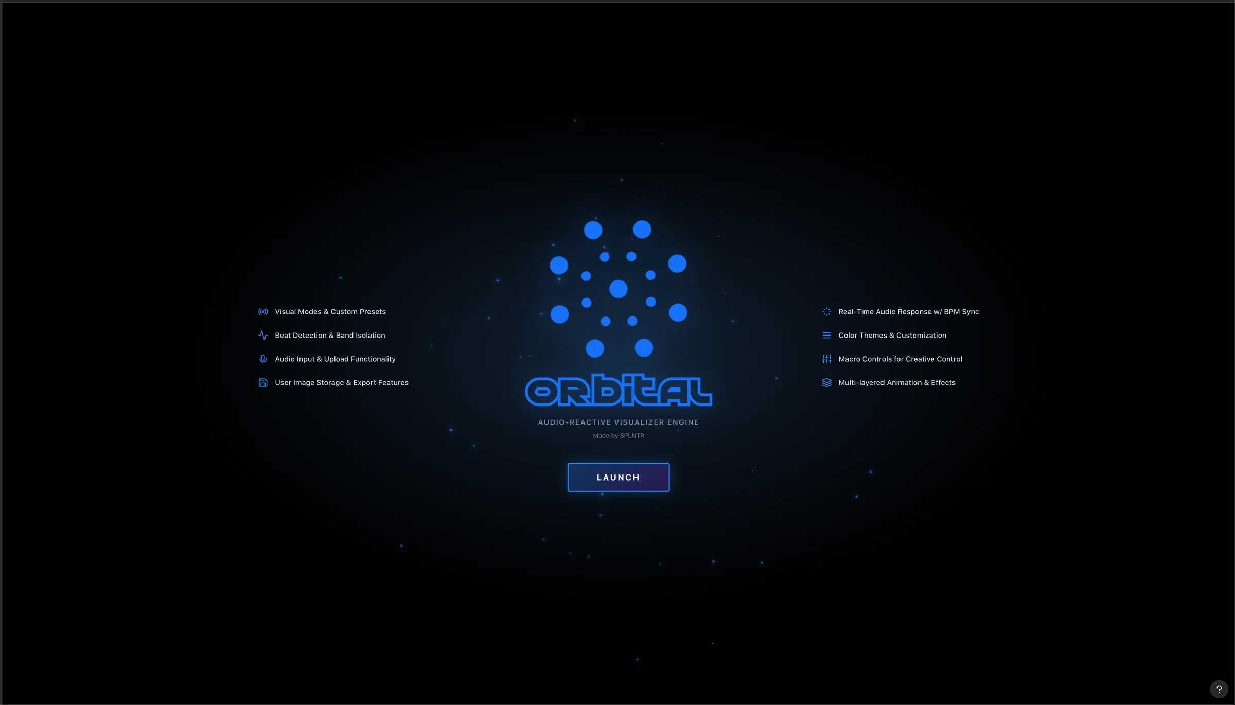 Orbital Visualizer launch screen listing its core features around an orbiting dot sphere logo