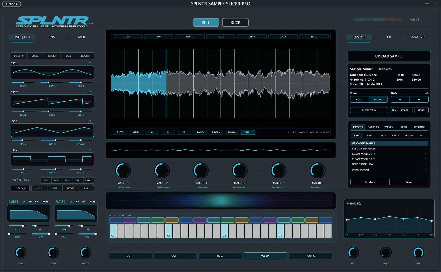 SPLNTR Sample Slicer Pro full interface showing waveform editor, oscillators, LFOs, filters and macro controls