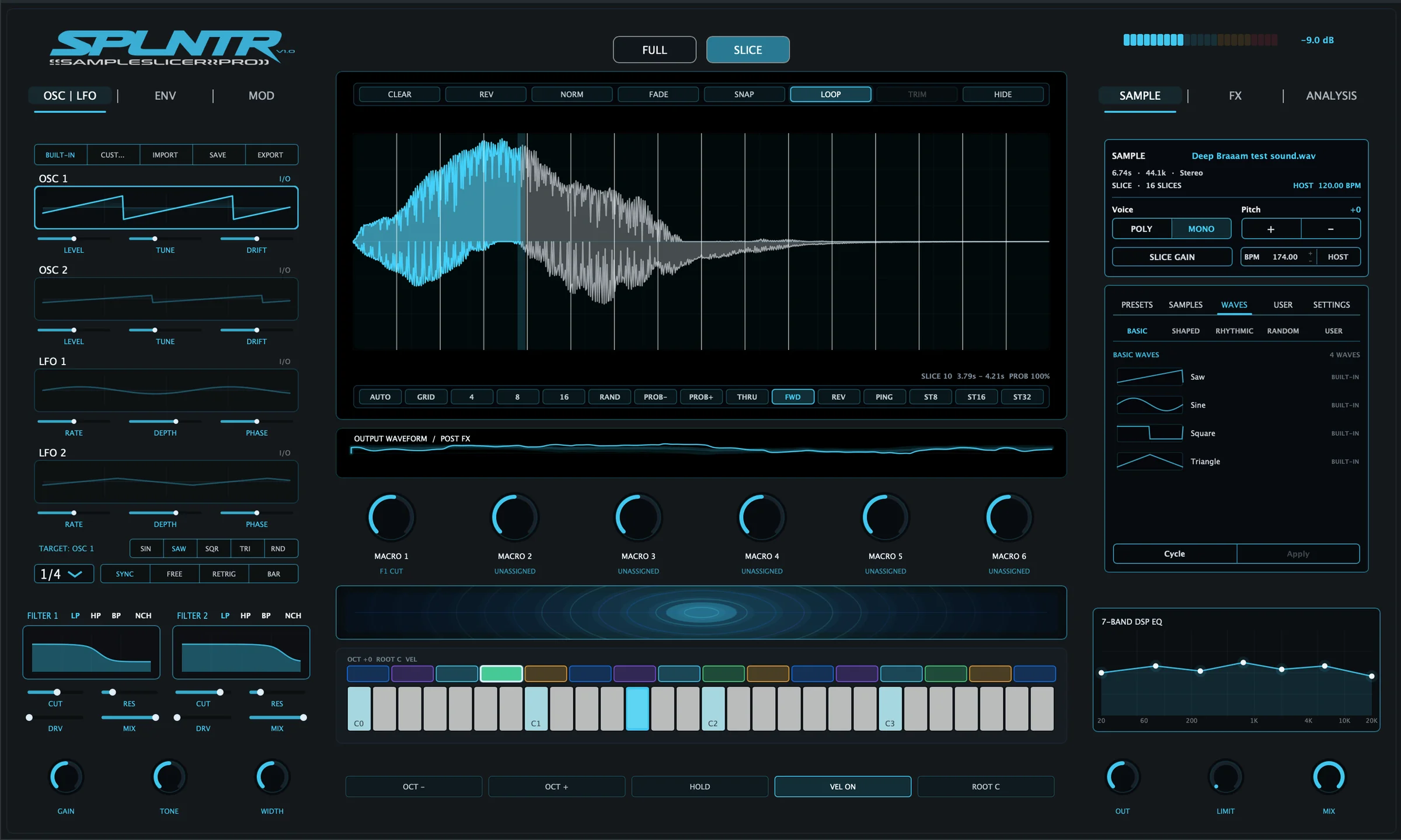 SPLNTR Sample Slicer Pro in Slice mode with the Waves panel open, showing built-in waveforms and host BPM sync