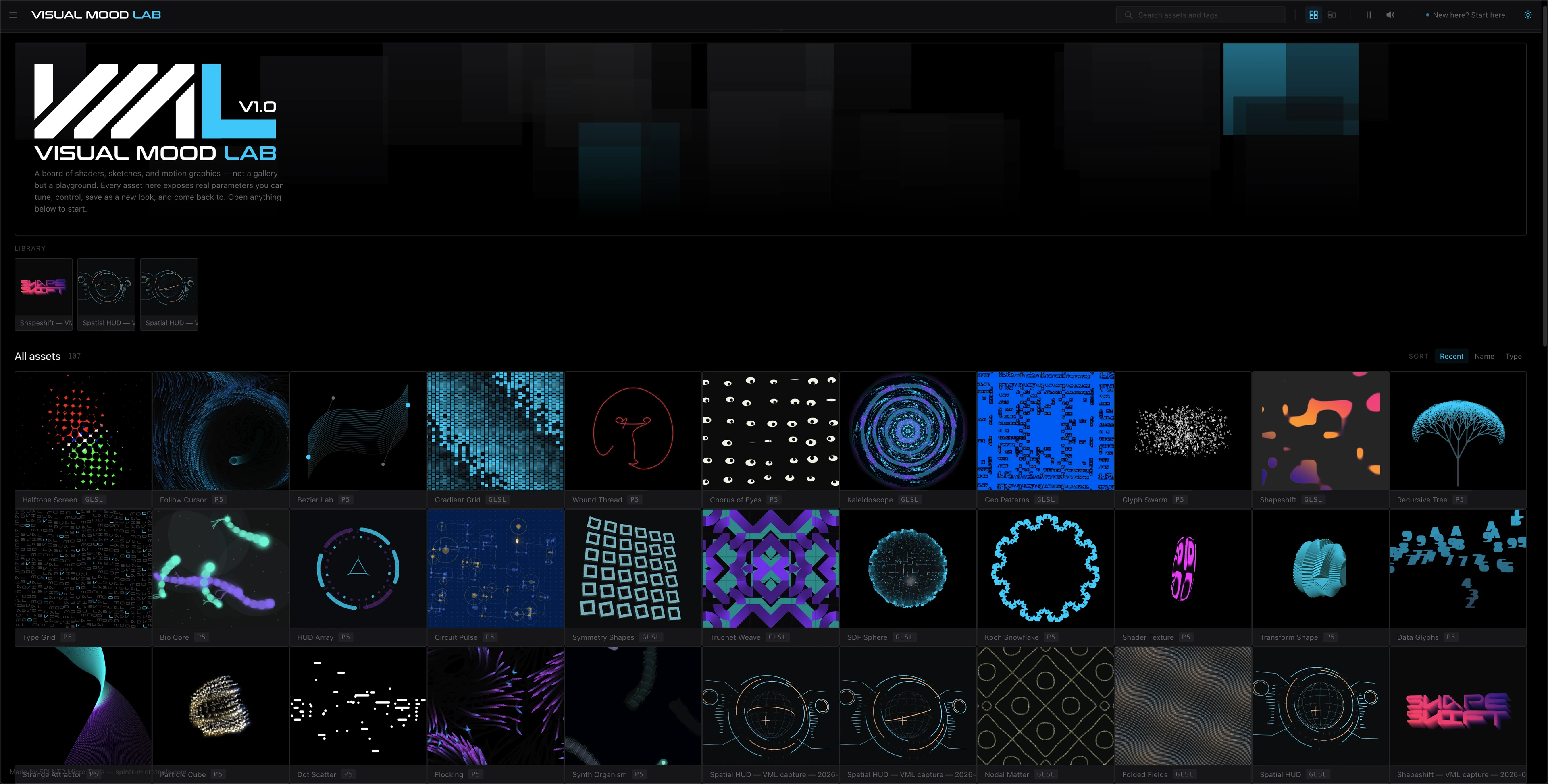 Visual Mood Lab main board — the VML logo above a grid of over 100 GLSL and p5.js mood tiles
