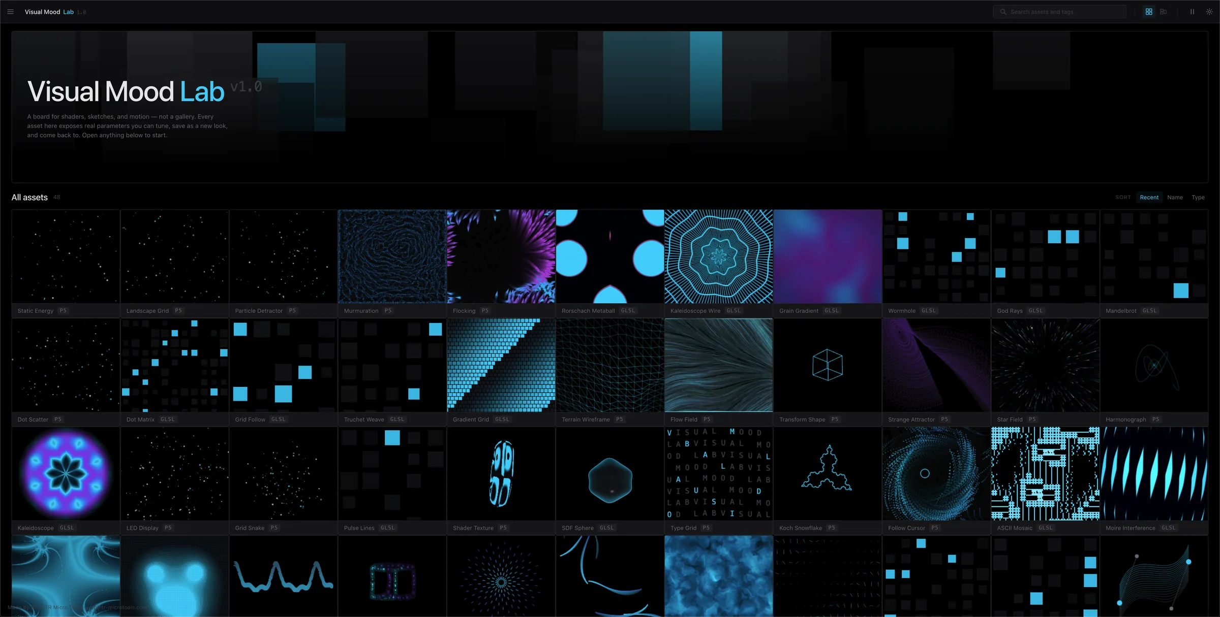 Visual Mood Lab asset library showing a grid of GLSL and p5.js generative visuals